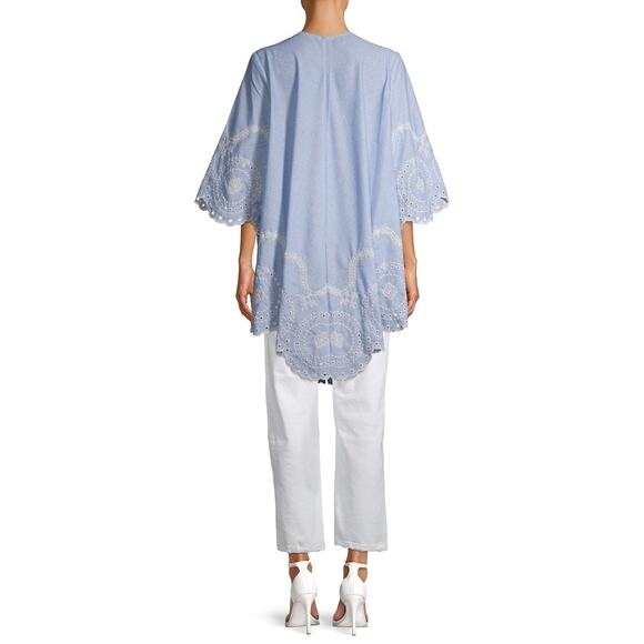 2/$25 Time & Tru Blue Embroidered Hem Feminine Boho Lightweight Floral Kimono - Picture 2 of 10